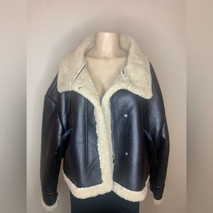 Princess Polly Black and Cream Leather Jacket with Sherpa Lining